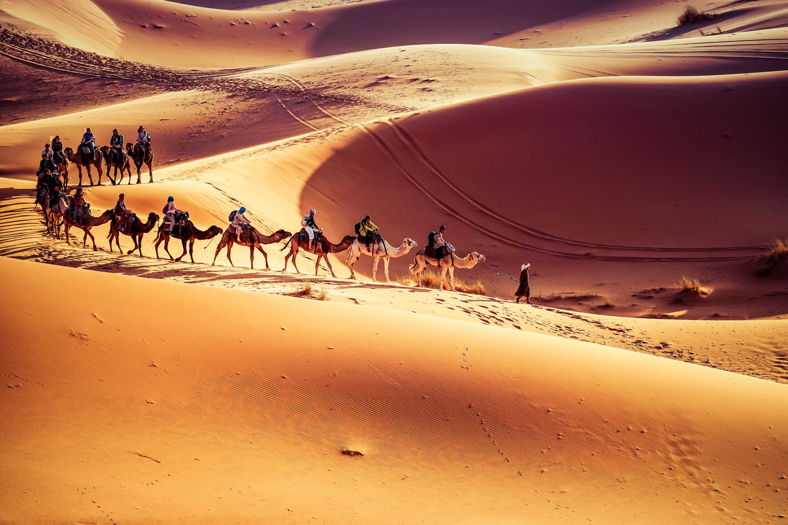 Sunset-camel-ride-in-Morocco-Sahara-desert-scaled